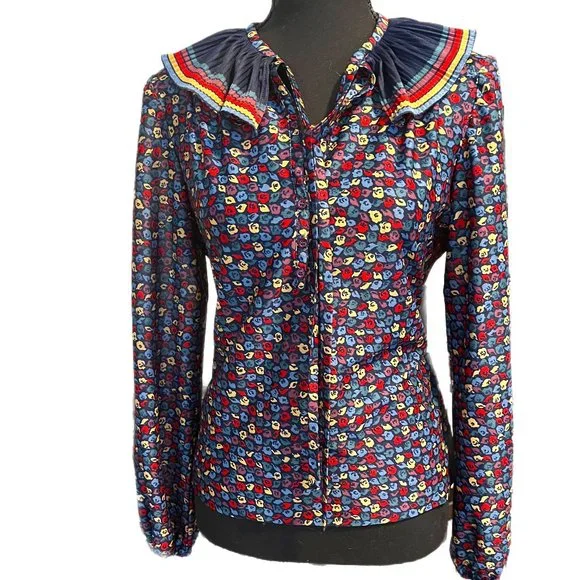 1960s colorful abstract pattern blouse with striped frill collar - Picture 6 of 8